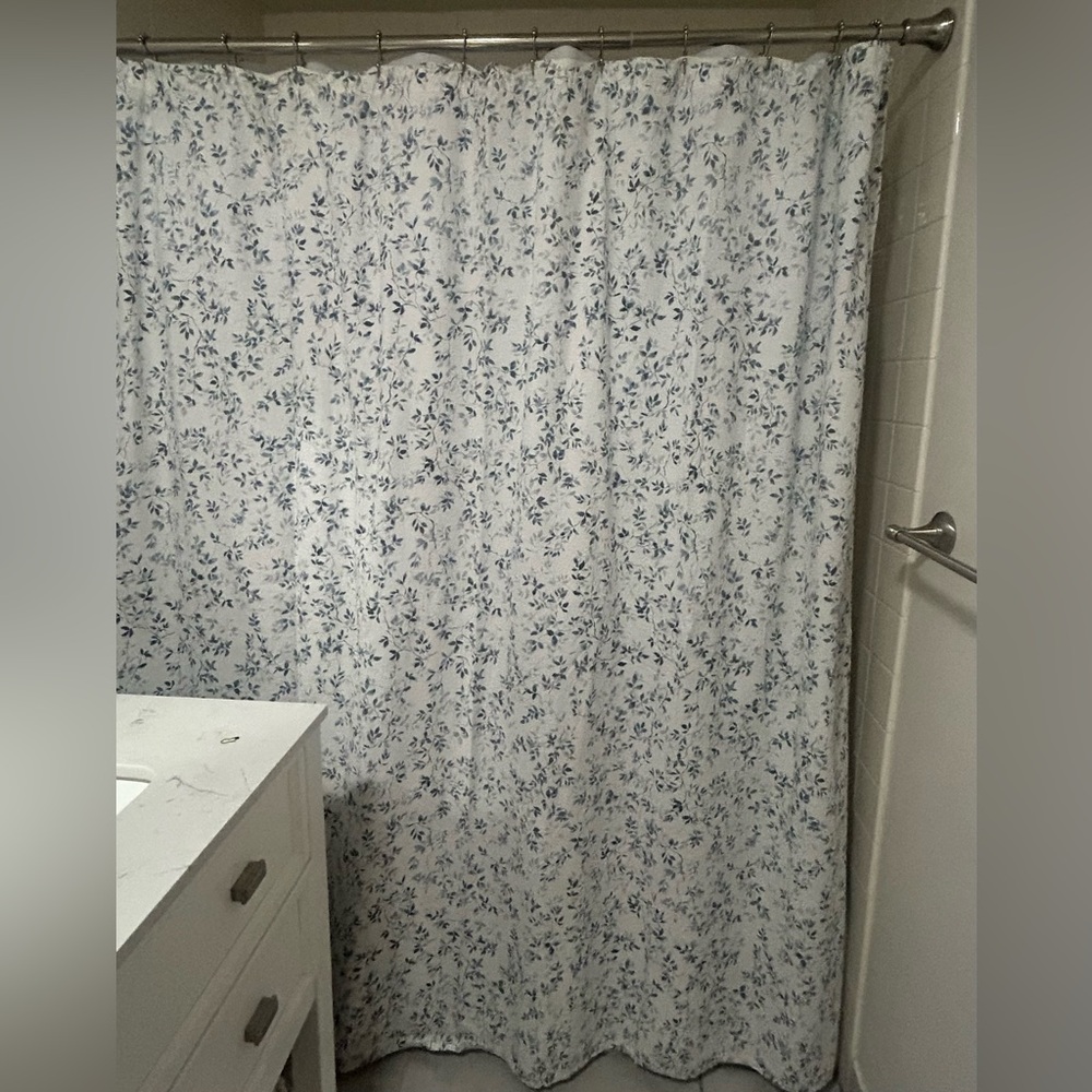 Organic cotton flowered shower curtain.
